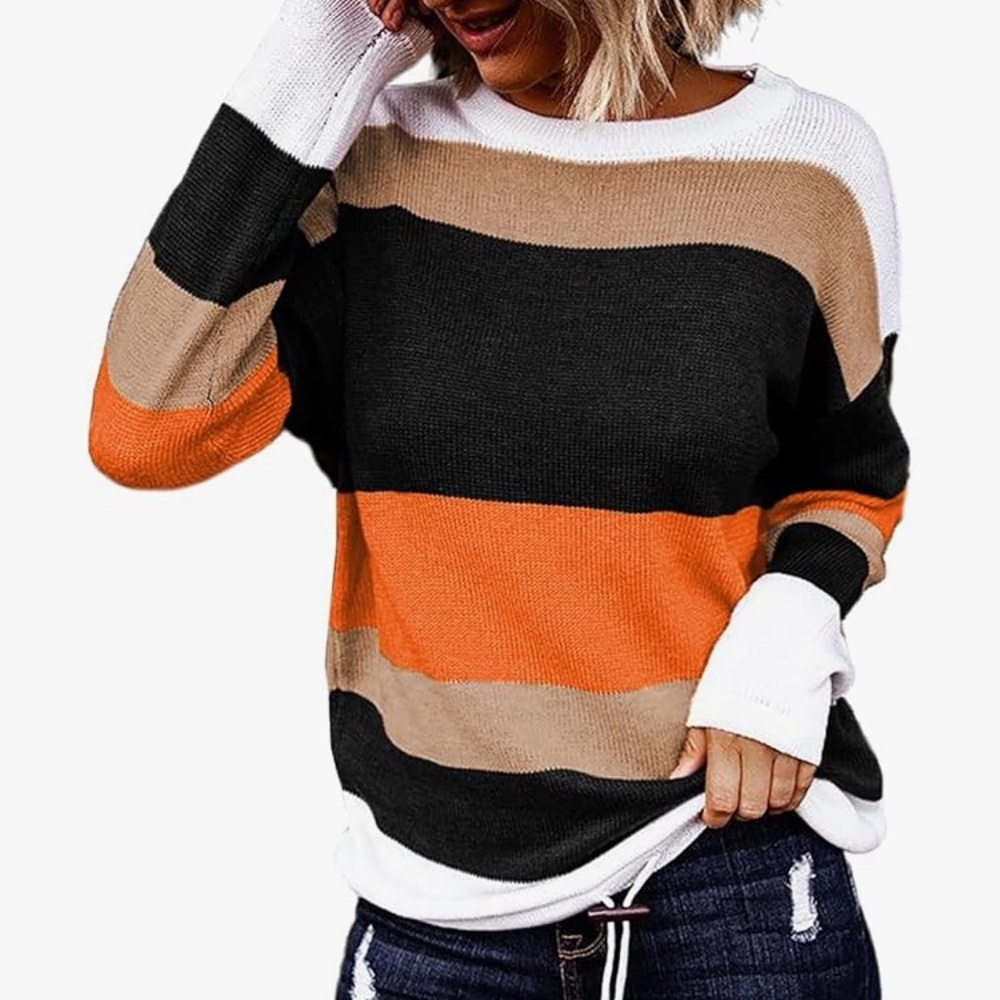 Round Neck Striped Womens Size Small Color Block Pullover Fall Winter Sweater